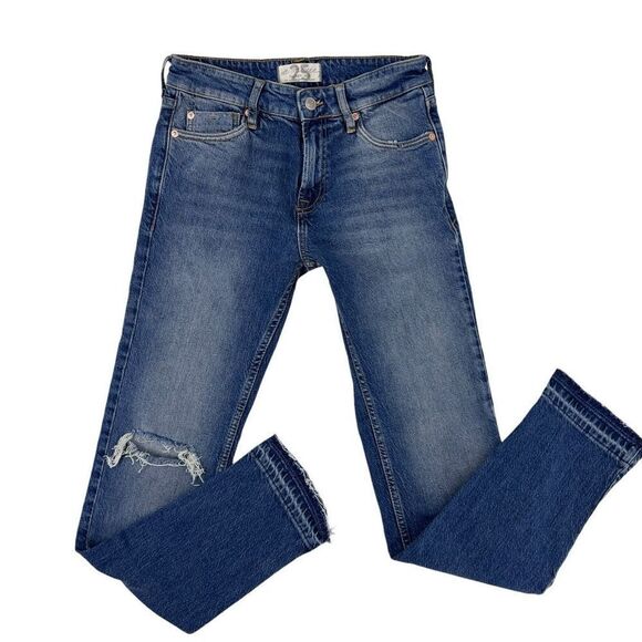 We The Free People Size 25 Raw Hem Stretch Denim Jeans Straight Leg Slim‎